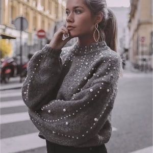 Zara Cropped Grey Sweater with Faux Pearls - S